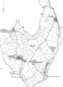 Ourø ca 1880, matrikelkort med byer og husmandslodder